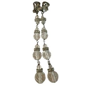 Vintage Crystal Beaded Rhinestone Long Dangle Clip Earrings Statement Glam